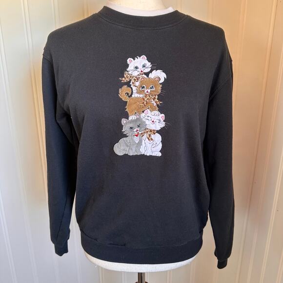 Vintage Y2K Black Twee Cat Crew Sweater S - Picture 2 of 5